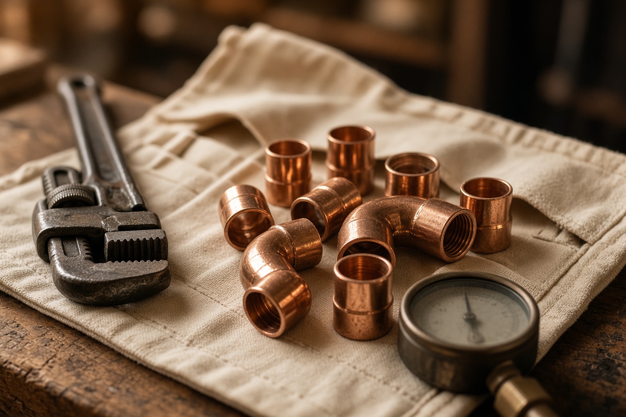 A pipe wrench, a pressure gauge and a scatter of copper fittings and elbows laid on a canvas tool roll.