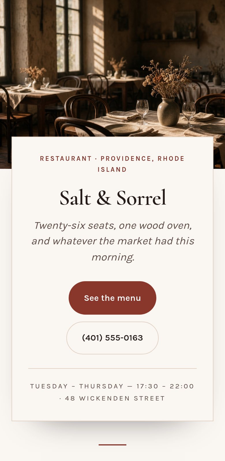A hospitality site on a phone: a photograph of the room behind a panel holding the business name, a tagline, a menu button, a phone number and the opening hours.