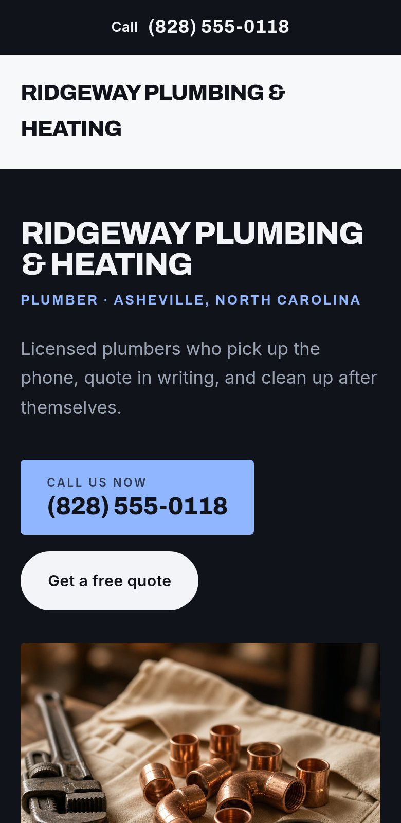 A trade site on a phone: a Call strip across the top, the company name, trade and town, a one-line description, a large Call us now button and a quote button.