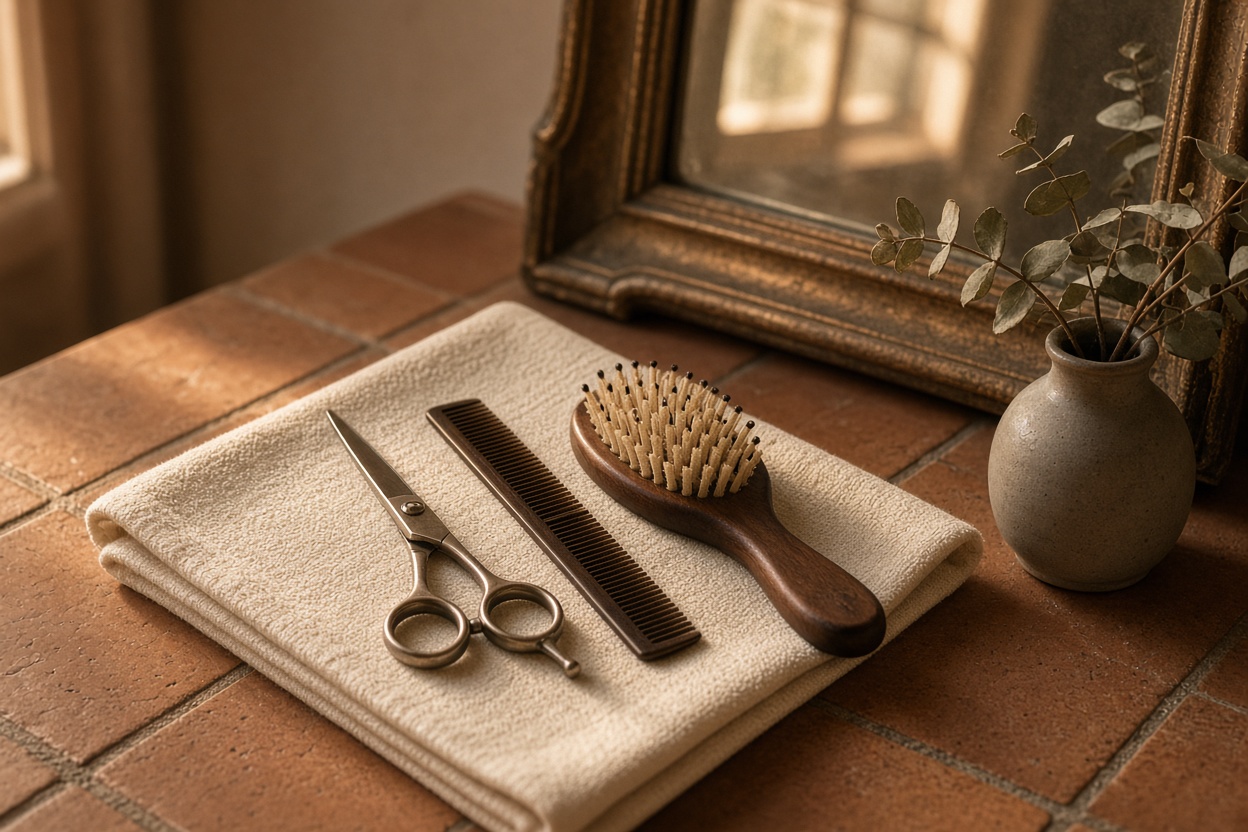 Cutting shears, a tail comb and a wooden paddle brush laid on a folded towel beside a gilt mirror, in warm afternoon light.