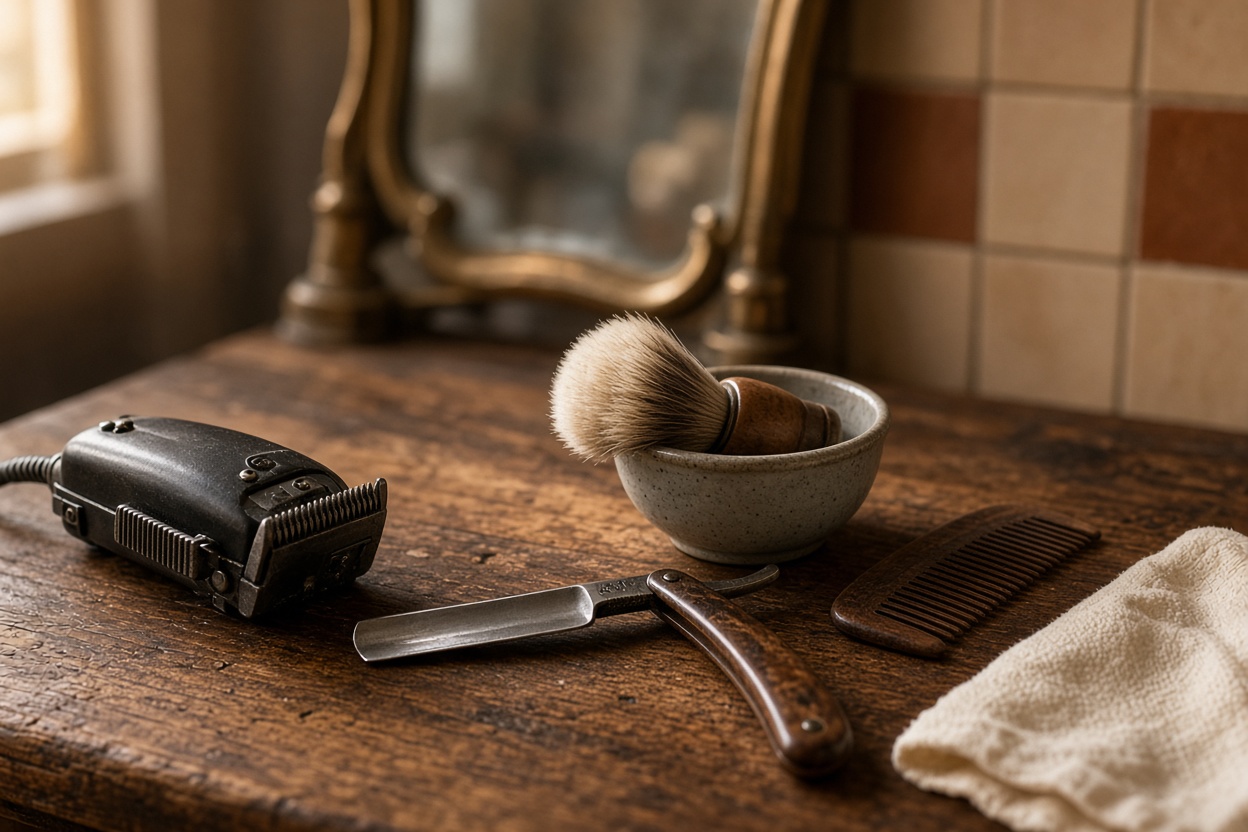 Clippers, a straight razor, a shaving brush in a stone bowl and a wooden comb laid out on a worn barber’s counter.