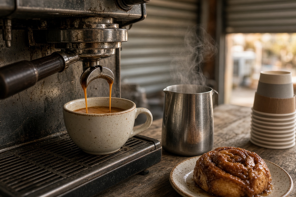 Espresso pouring into a speckled ceramic cup on a worn machine, a steel milk jug steaming beside it and a cinnamon bun on a plate.